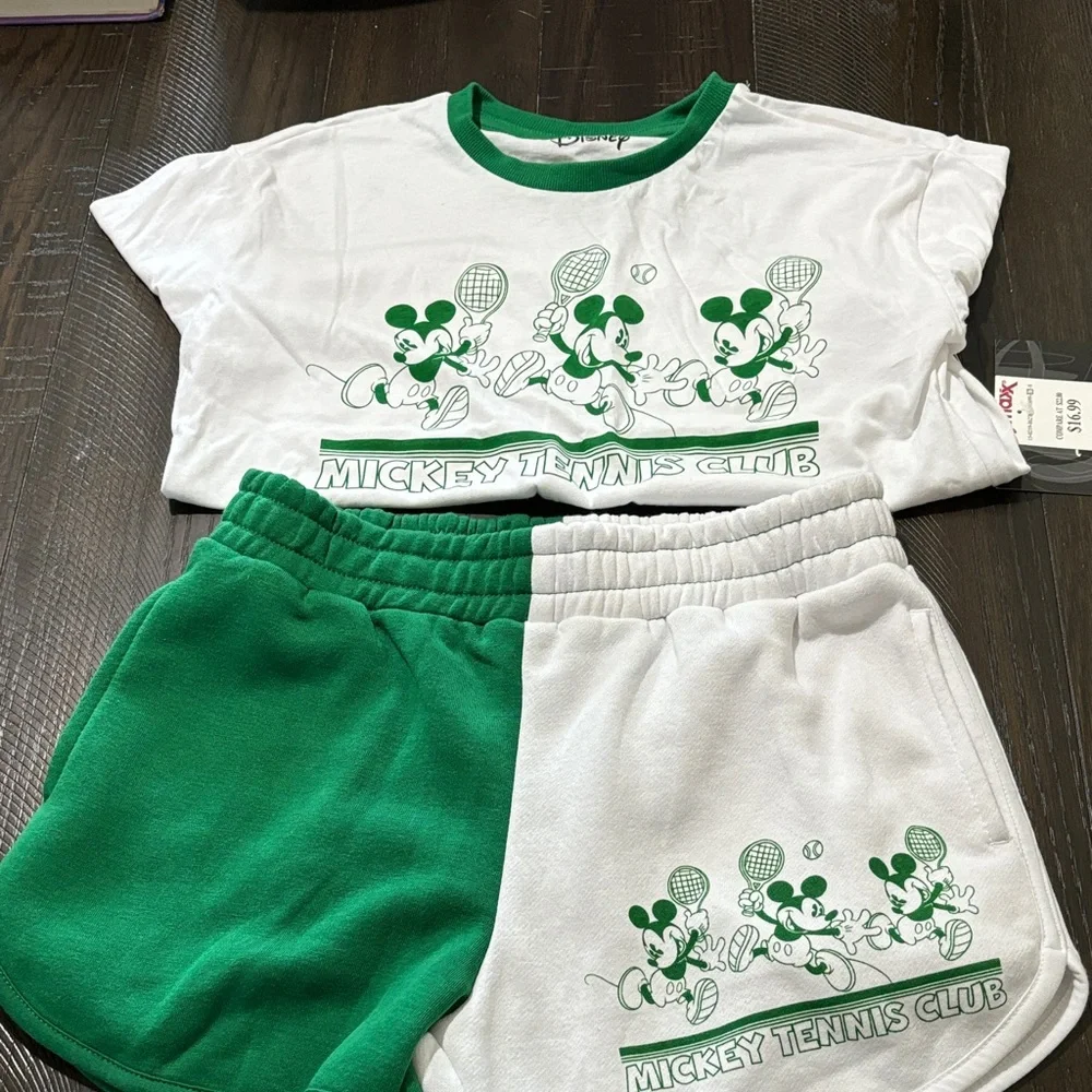 Disney Green & White Mickey Tennis Club Tee and Two-Tone Shorts - Picture 1 of 4